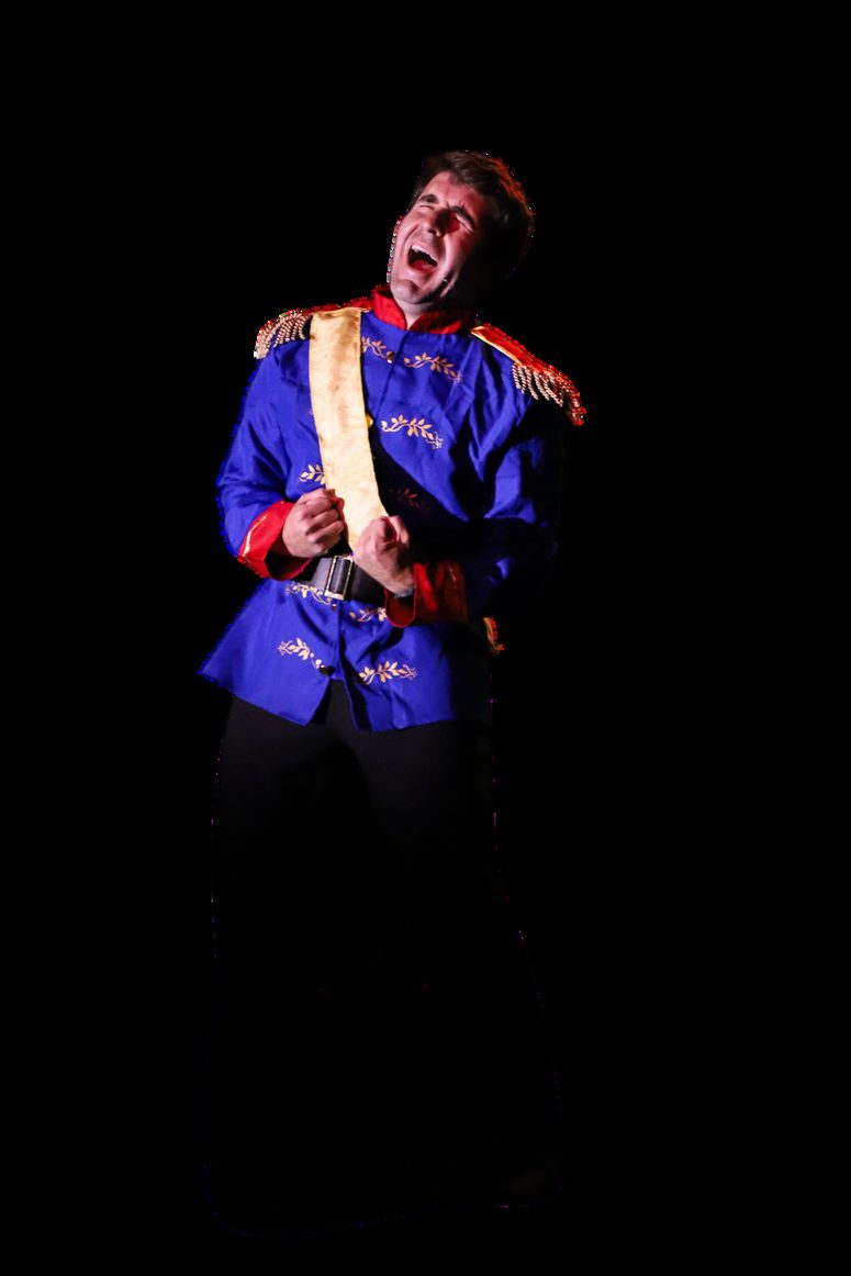 Mark Whitehead performing in a prince costume