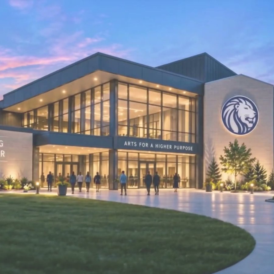 A rendering of a performing arts centre at dusk